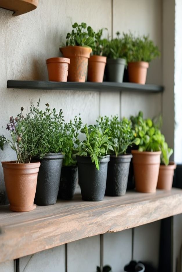 A small collection of herb pots on a kitchen garden shelf Each terracotta pot is painted with a matte black chalkboard f