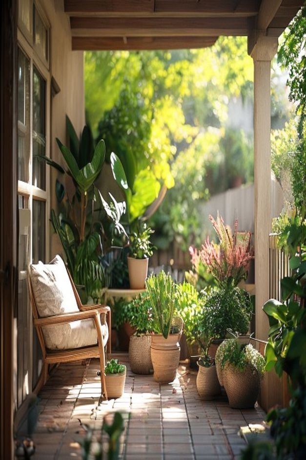 A wide shot of a thoughtfully arranged corner of a patio A variety of plants in different sized and styled pots some cra