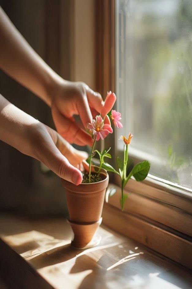 A pair of hands gently placing a small newly painted flower pot with a simple earthy tone onto a window sill indoors whe