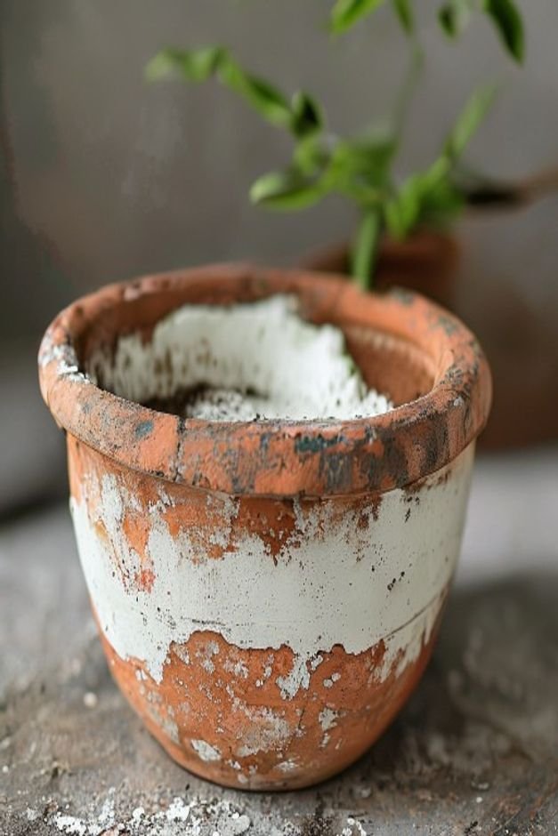 Close-up of a terracotta pot being treated with a white lime wash showing a weathered chalky texture and a vintage patin