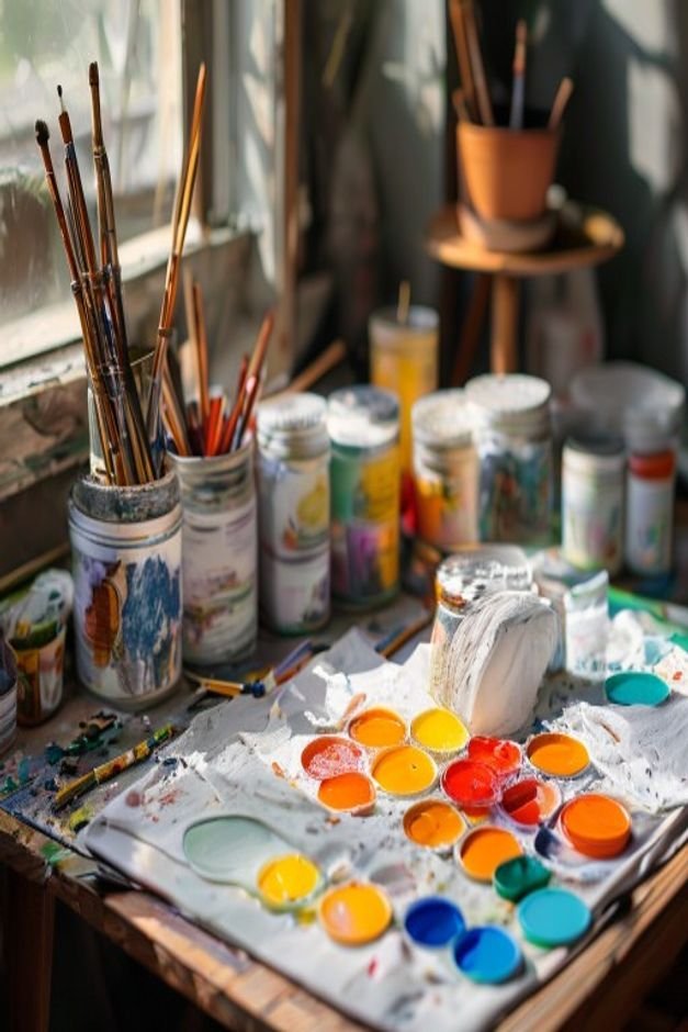 A collection of simple everyday painting supplies like acrylic paints brushes painter s tape and a drop cloth laid out n