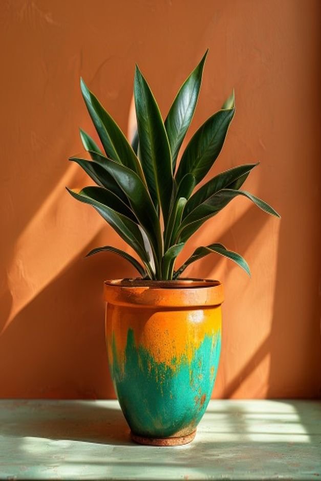 A vibrant terracotta pot painted a single rich solid color like deep teal or mustard yellow with a lush green plant spil