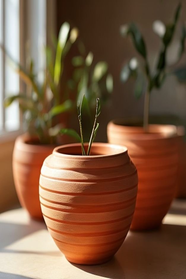A close-up slightly elevated shot of three terracotta pots of varying sizes each featuring simple horizontal stripes in
