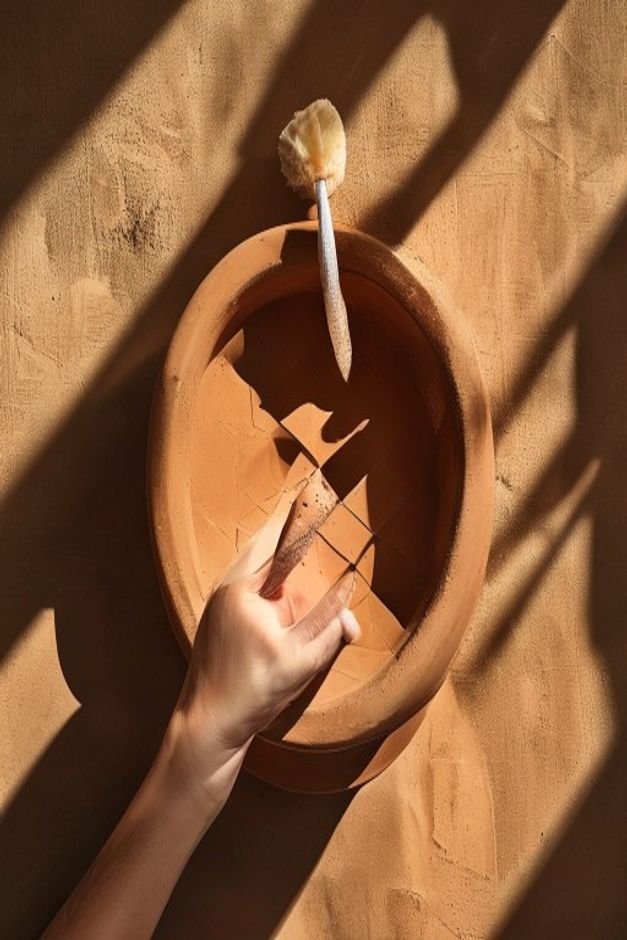 An overhead shot of a hand applying a geometric stencil to a terracotta pot with a small sponge brush The pot is a light