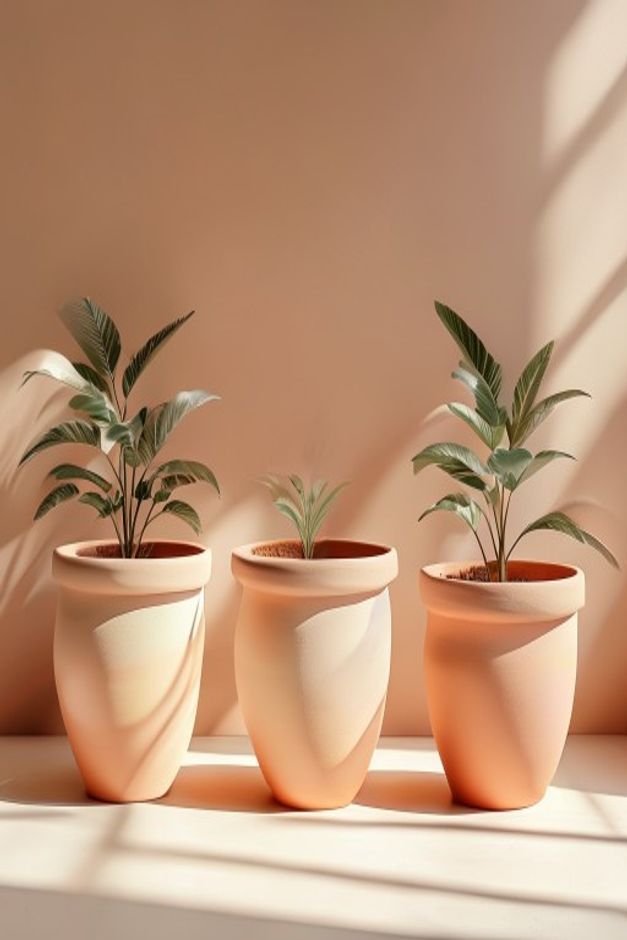A series of three terracotta pots displaying a smooth ombre effect transitioning from a light pastel at the rim to a dee