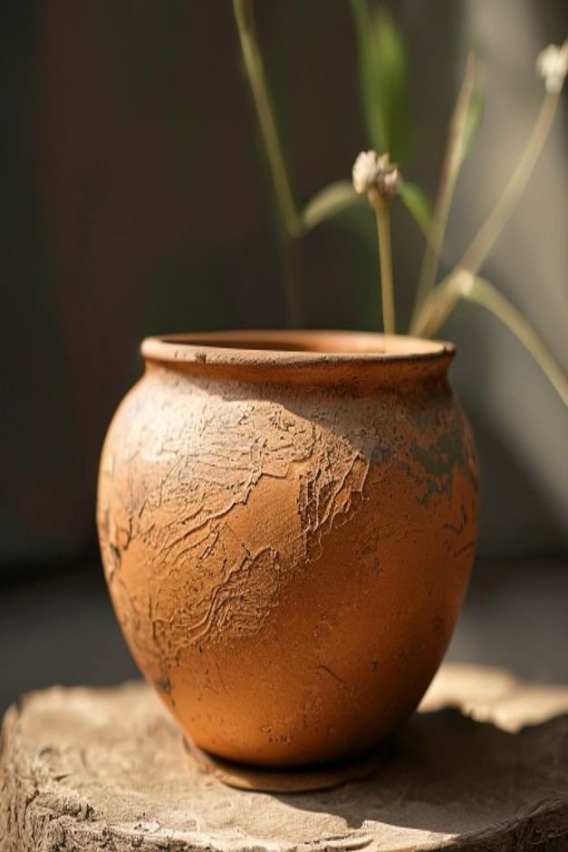 A close-up detailed shot of a terracotta pot painted with a unique textured finish perhaps achieved with sand mixed into