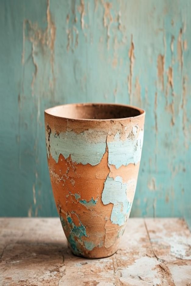 A beautifully distressed terracotta pot showing layers of chipped paint in soft muted tones like pale blue over terracot