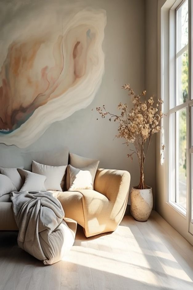 Editorial home photo for Hand-Painted Abstract Swirls, natural light, realistic styling, no text overlay