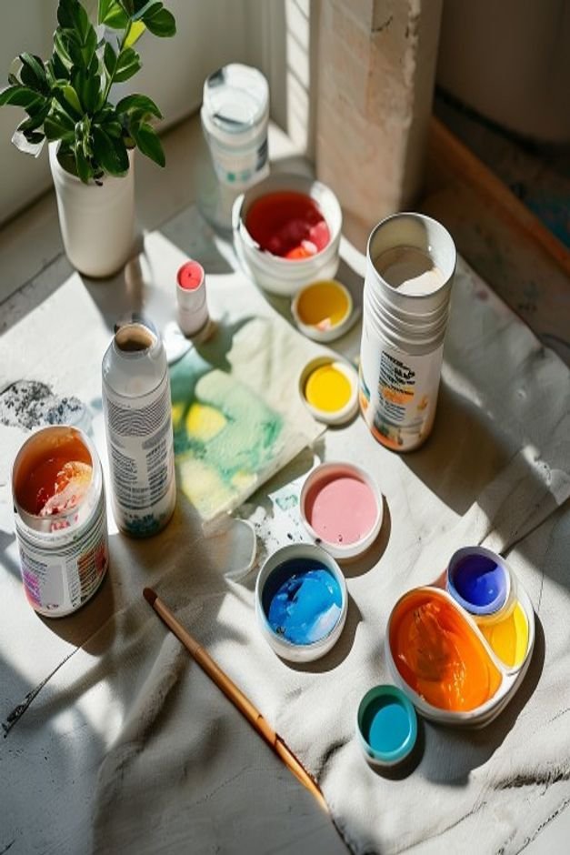 A collection of simple everyday painting supplies like acrylic paints brushes painter s tape and a drop cloth laid out n