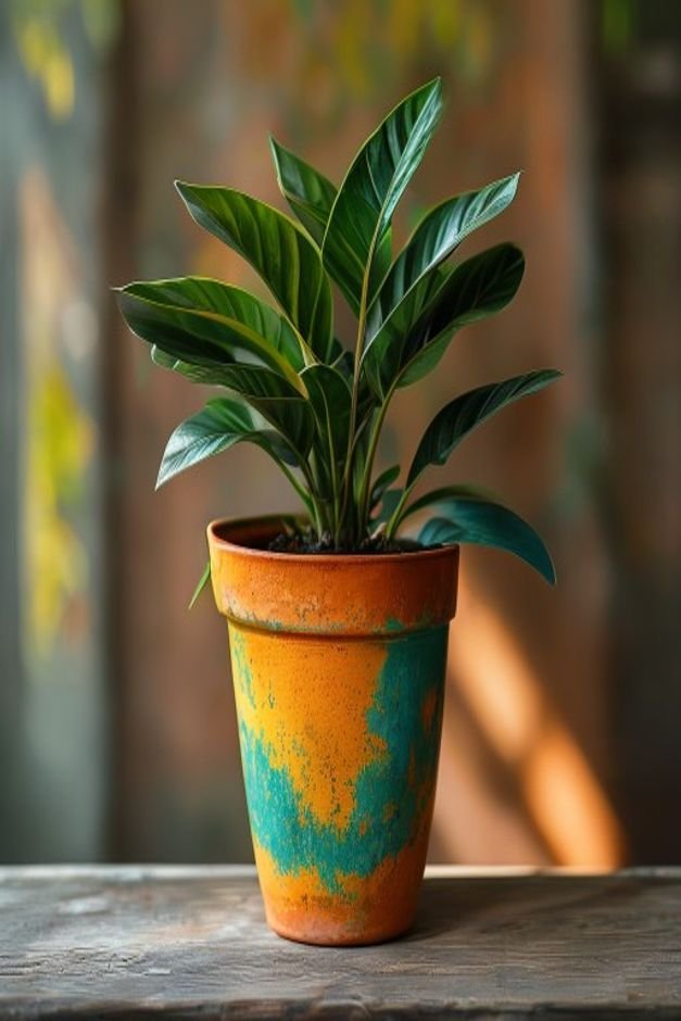 A vibrant terracotta pot painted a single rich solid color like deep teal or mustard yellow with a lush green plant spil