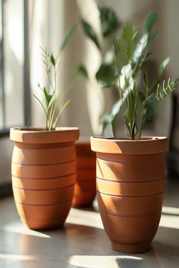 A close-up slightly elevated shot of three terracotta pots of varying sizes each featuring simple horizontal stripes in