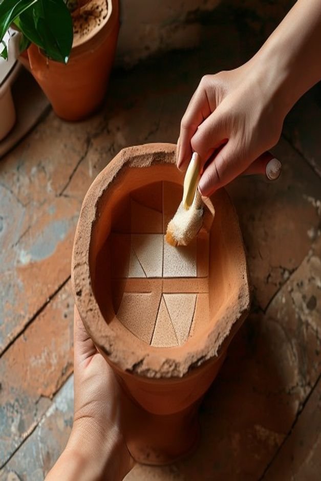 An overhead shot of a hand applying a geometric stencil to a terracotta pot with a small sponge brush The pot is a light
