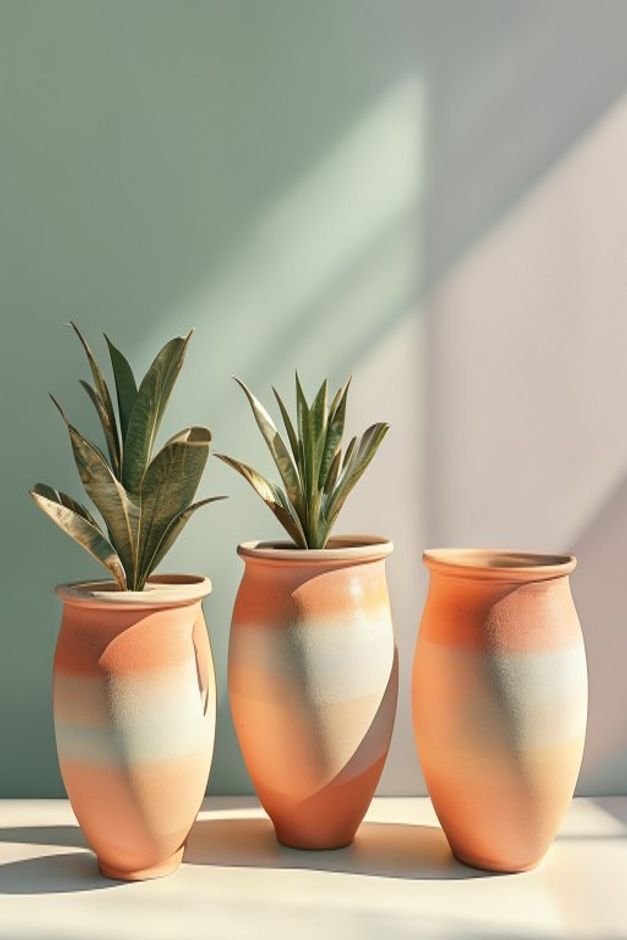 A series of three terracotta pots displaying a smooth ombre effect transitioning from a light pastel at the rim to a dee