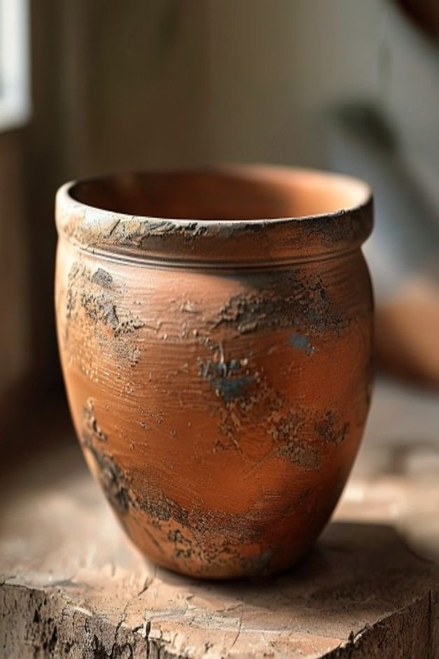 A close-up detailed shot of a terracotta pot painted with a unique textured finish perhaps achieved with sand mixed into