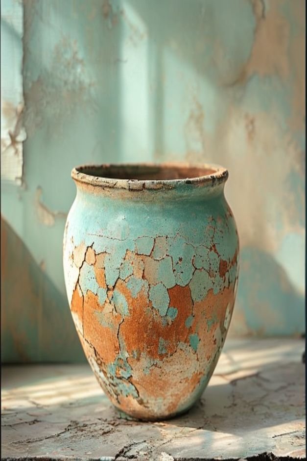 A beautifully distressed terracotta pot showing layers of chipped paint in soft muted tones like pale blue over terracot