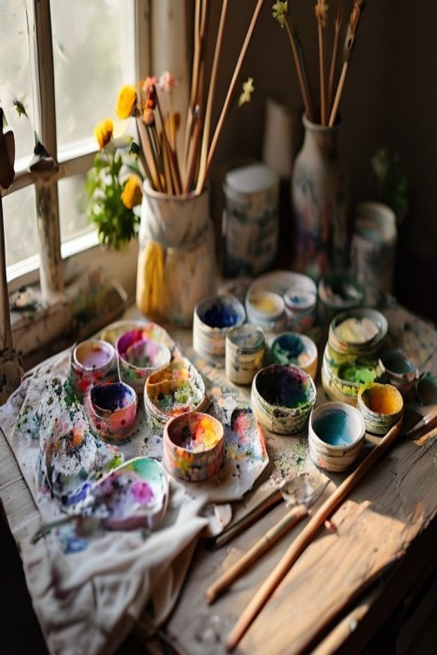 A collection of simple everyday painting supplies like acrylic paints brushes painter s tape and a drop cloth laid out n