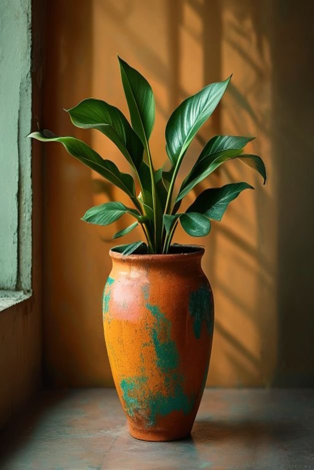 A vibrant terracotta pot painted a single rich solid color like deep teal or mustard yellow with a lush green plant spil