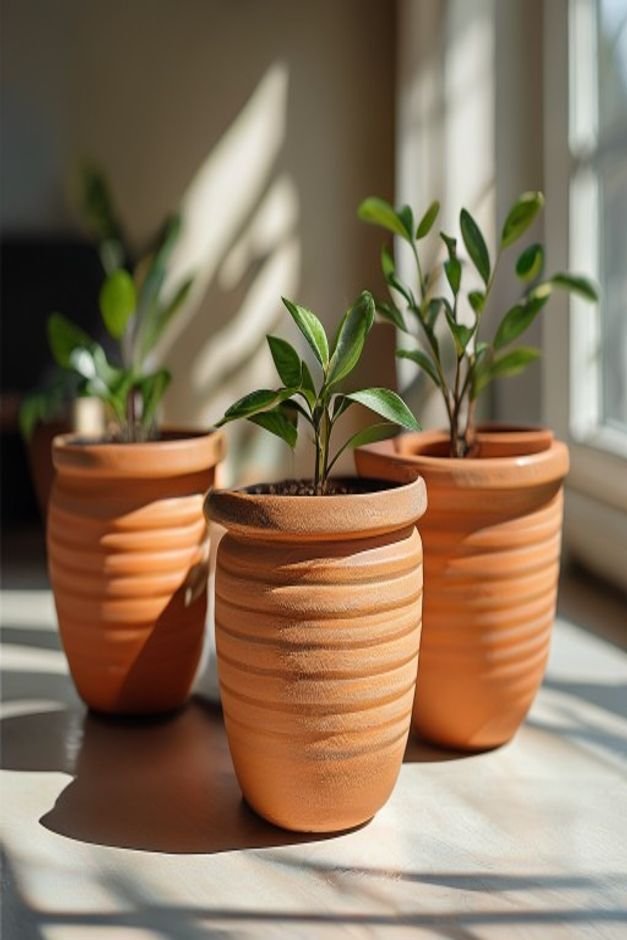 A close-up slightly elevated shot of three terracotta pots of varying sizes each featuring simple horizontal stripes in