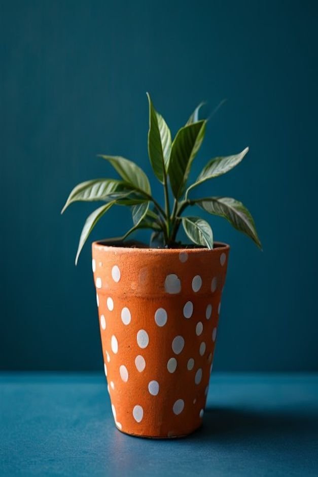 A cheerful scene featuring a terracotta pot adorned with crisp white polka dots against a dark blue background A small b