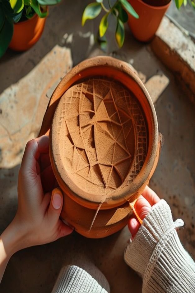 An overhead shot of a hand applying a geometric stencil to a terracotta pot with a small sponge brush The pot is a light