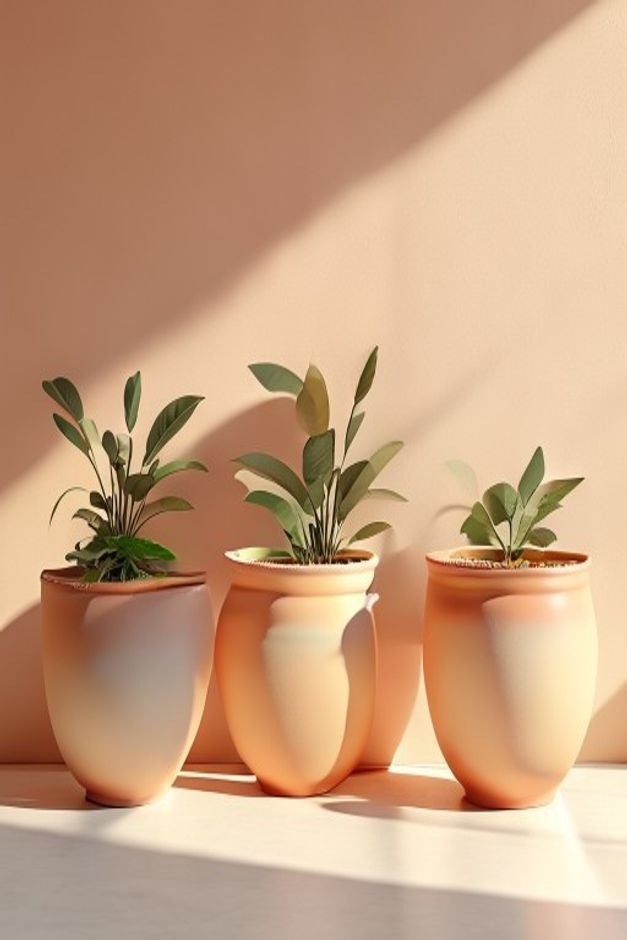 A series of three terracotta pots displaying a smooth ombre effect transitioning from a light pastel at the rim to a dee