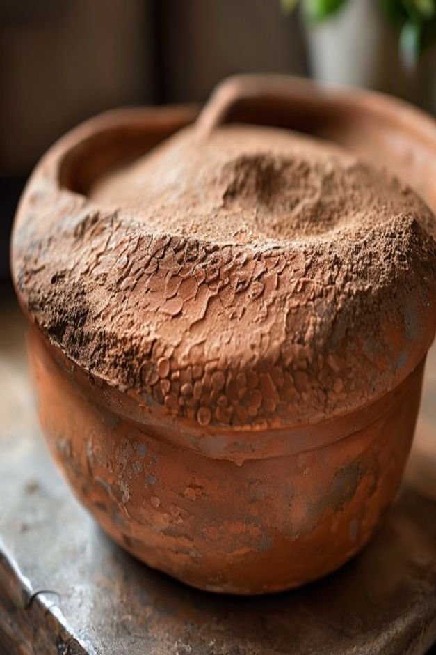 A close-up detailed shot of a terracotta pot painted with a unique textured finish perhaps achieved with sand mixed into