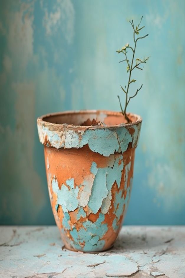 A beautifully distressed terracotta pot showing layers of chipped paint in soft muted tones like pale blue over terracot