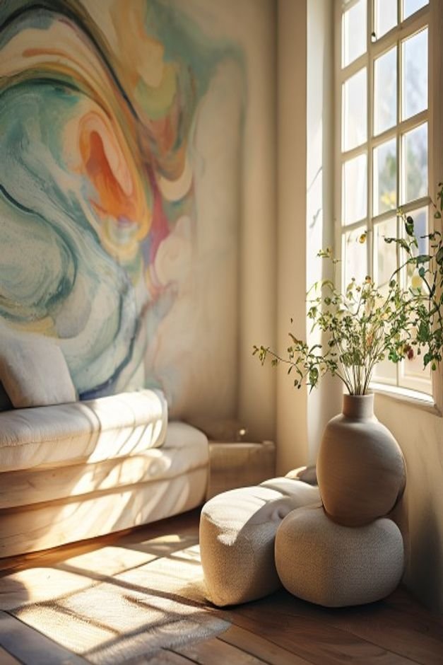 Editorial home photo for Hand-Painted Abstract Swirls, natural light, realistic styling, no text overlay