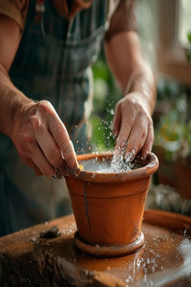 Close-up of a gardener s hands gently scrubbing a terracotta pot with a brush and water removing dirt The pot is on a ru