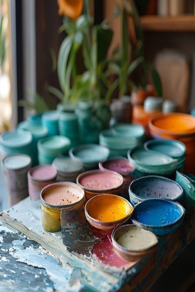 An organized collection of exterior-grade paints in various muted and vibrant colors alongside a selection of clean good