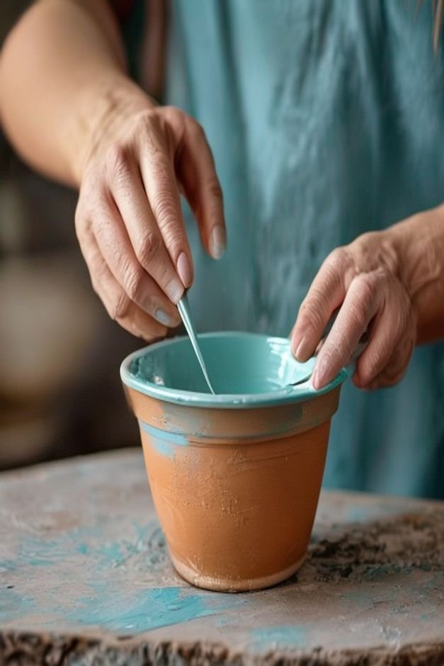 A pair of hands carefully applying a smooth even base coat of light blue paint to a terracotta pot using a wide flat bru