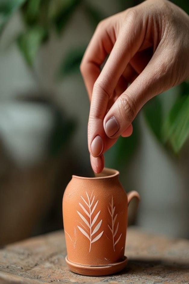 A close-up shot of a hand using a small stencil to apply a delicate leaf pattern onto a terracotta pot painted a soft cr