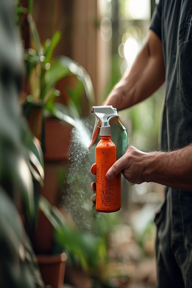 A gardener s hand holding a spray can of clear sealant applying an even coat to a freshly painted and dried terracotta p