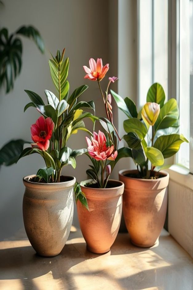 A cluster of three beautifully painted flower pots of different sizes each holding a complementary plant e g a trailing