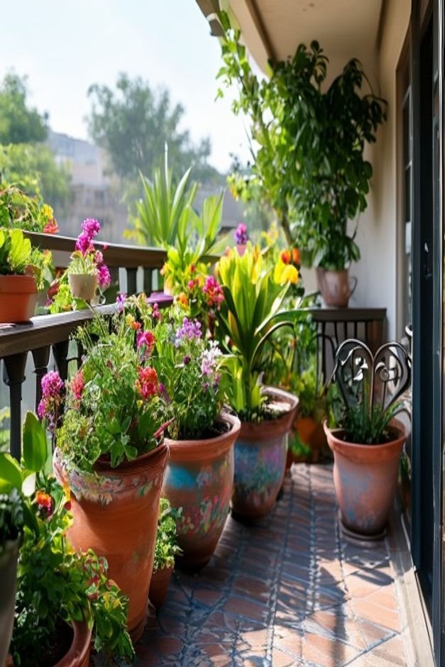 A wide shot of a charming balcony garden showcasing several painted flower pots arranged artfully with diverse plants Th