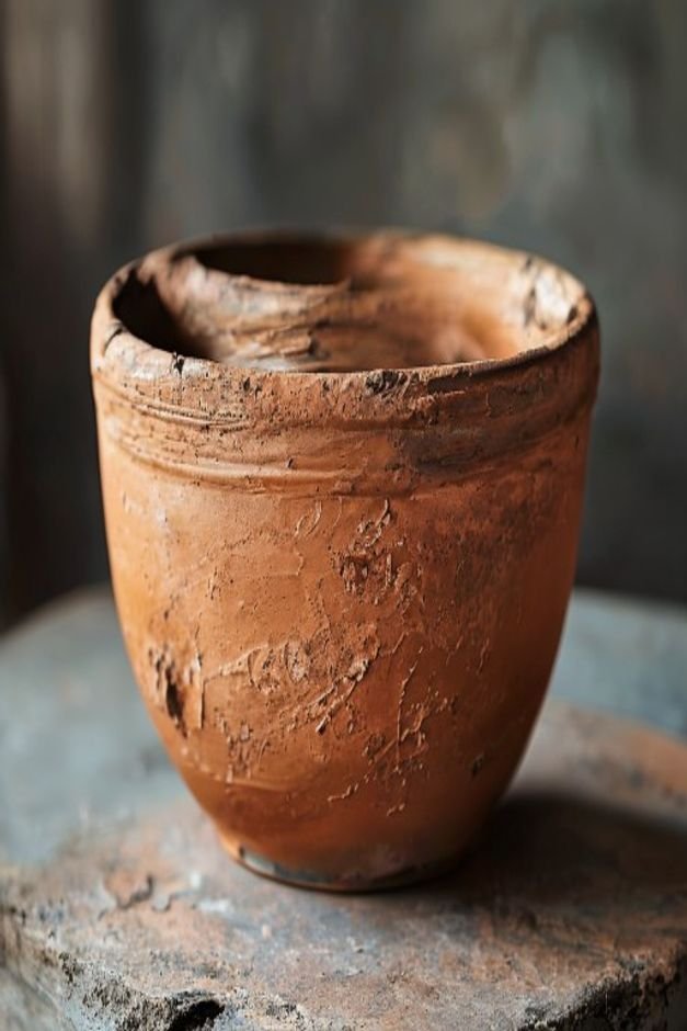 Close-up shot of a terracotta pot painted with a textured matte clay-like finish showing brushstrokes and depth A small