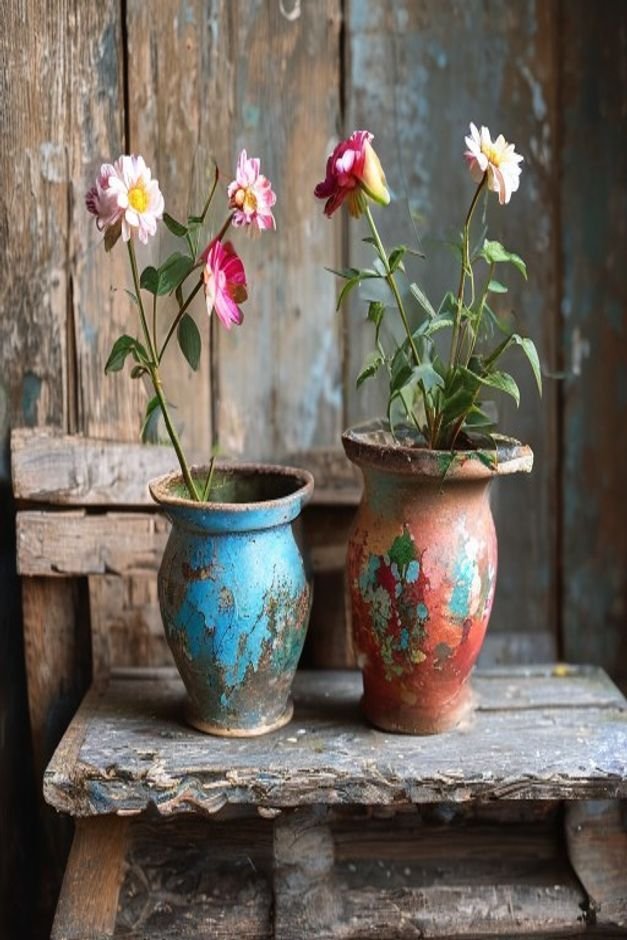 A pair of painted flower pots on an old wooden bench One shows a distressed chippy paint effect with two colors peeking