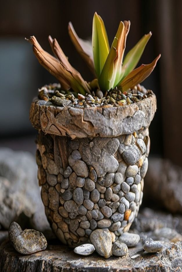 A close-up of a flower pot embellished with small polished river stones and pieces of driftwood glued around its rim A l