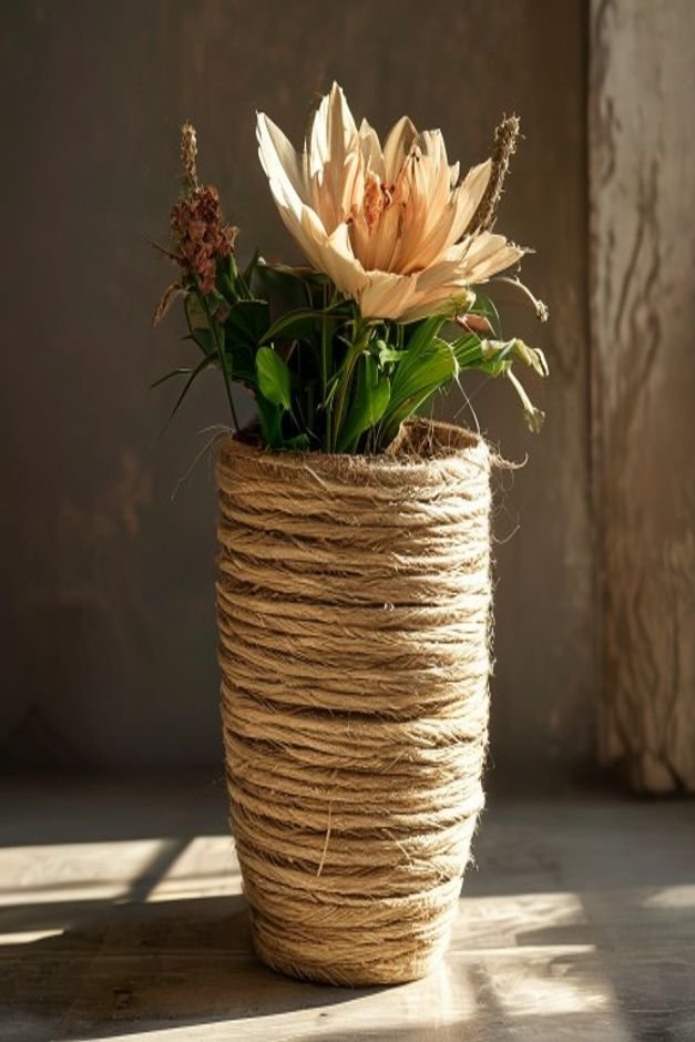 A medium shot of a large cylindrical flower pot completely wrapped in natural jute twine creating a warm textured surfac