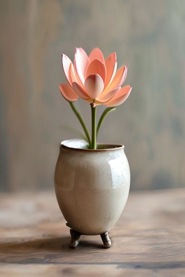 A ceramic flower pot with small decorative metal feet attached to its base elevating it slightly The pot has a simple cl