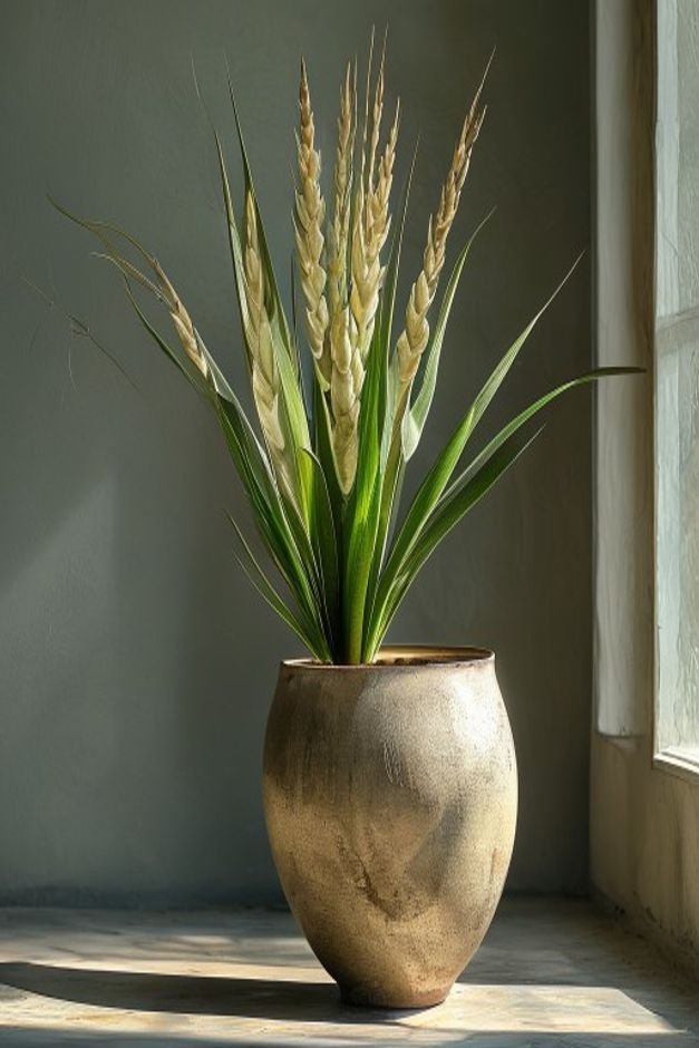 A tall slender painted flower pot holding a dramatic architectural plant like a Sansevieria or a tall ornamental grass T