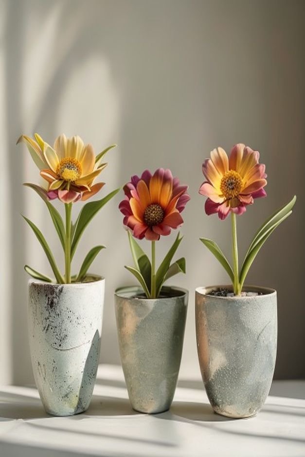 A vignette of three different-sized flower pots each with a distinct but complementary craft finish e g one stenciled on