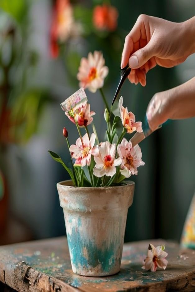 A hand in the process of applying a clear sealant to a freshly painted and decorated flower pot with a brush showing a s