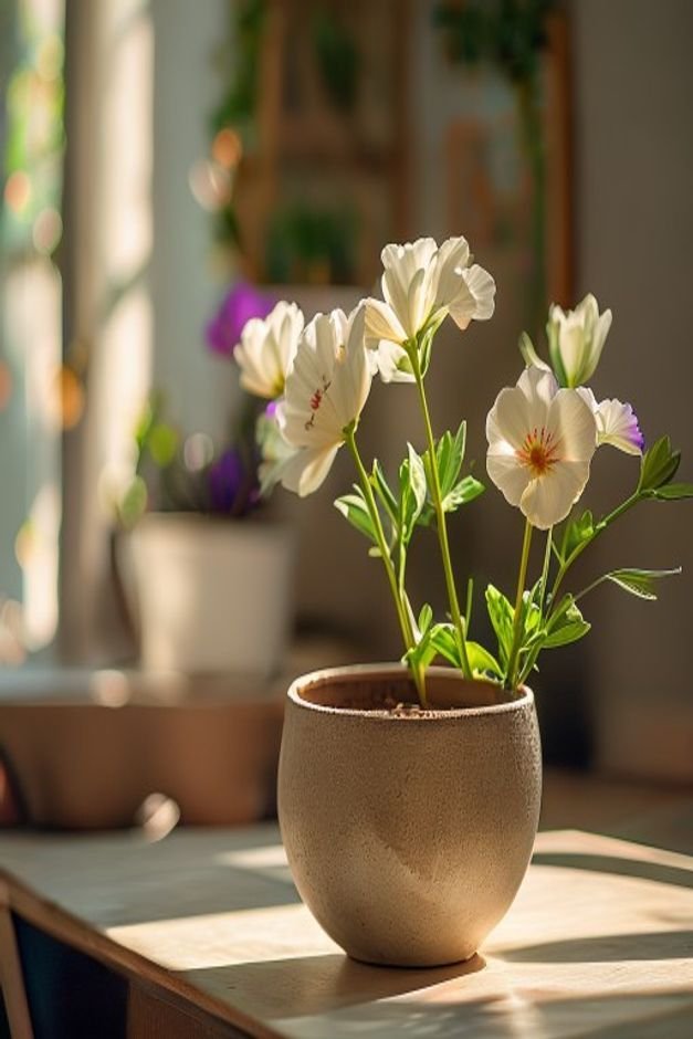 Editorial home photo for Thoughtful Finishes for Your Flower Pot Crafts, natural light, realistic styling, no text overl