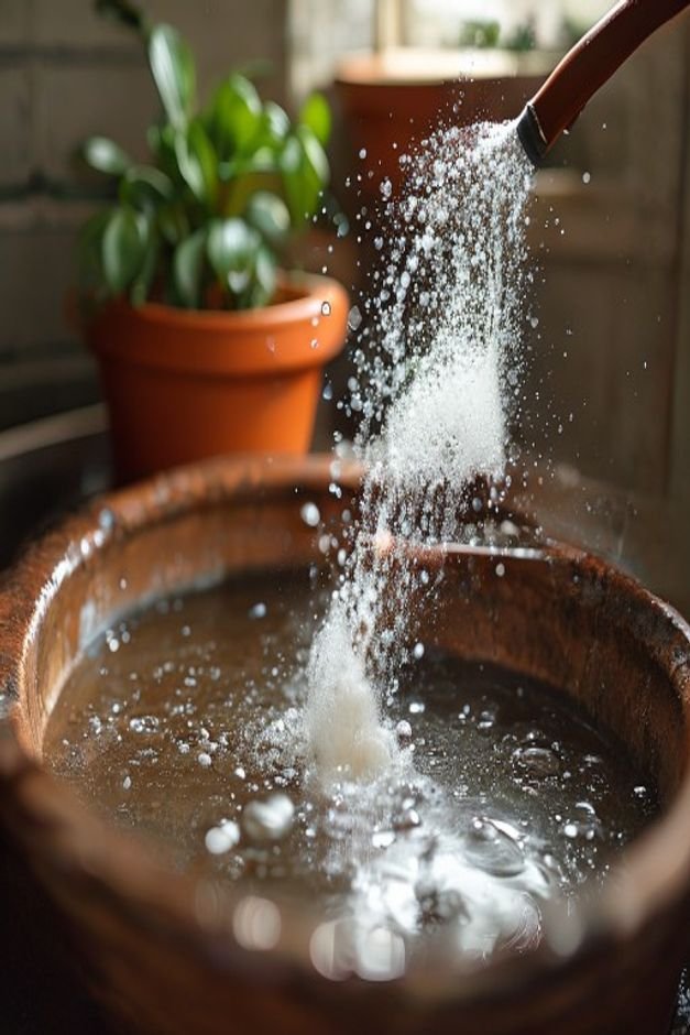 A close-up overhead shot of terracotta pots being cleaned with a scrub brush and soapy water in a large basin water drop