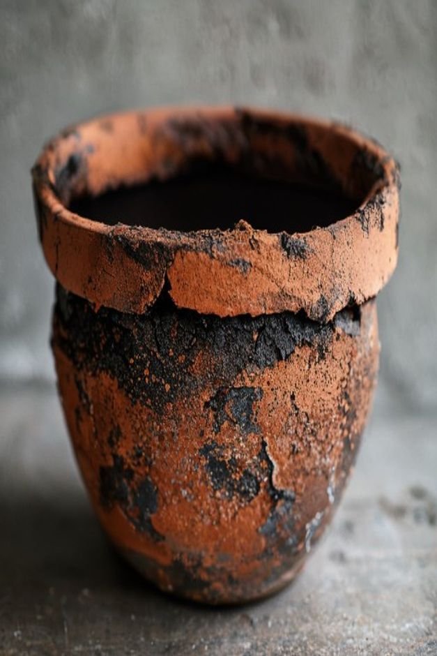A close-up shot of a partially distressed terracotta pot One section shows a dark base coat while another shows a lighte