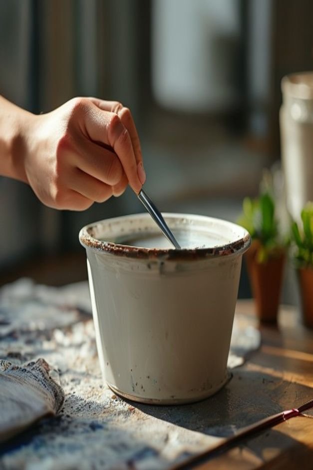 A pair of hands applying a clear matte outdoor sealer to a freshly painted pot with a soft brush The pot has a simple el