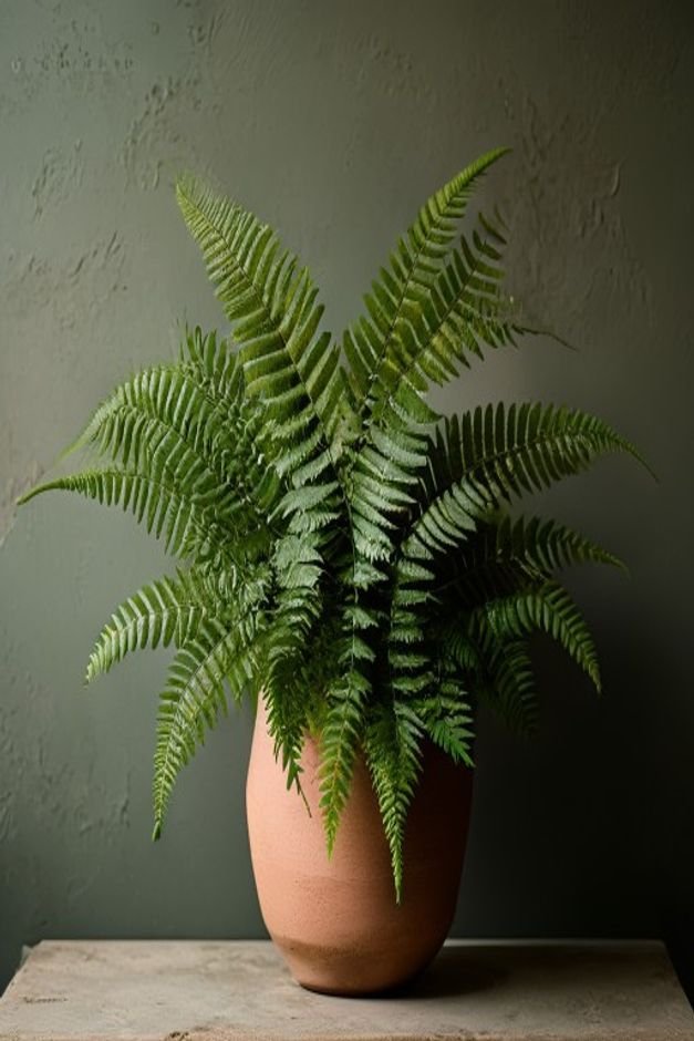 A beautifully composed shot of a deep green fern spilling out of a muted terracotta-colored pot with a subtle textured f