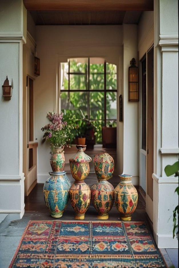 An inviting wide shot of an Indian home s entrance porch featuring a carefully arranged cluster of three to five painted