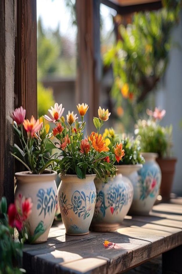 A serene eye-level shot of a beautifully styled outdoor corner featuring several unique hand-painted flower pots filled